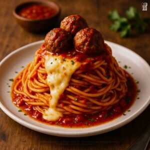 Baked Spaghetti & Meatballs Volcano