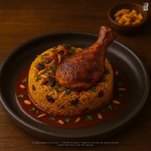 Kabsa with Spiced Chicken & Tomato-Lamb Reduction