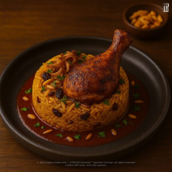 Kabsa with Spiced Chicken & Tomato-Lamb Reduction